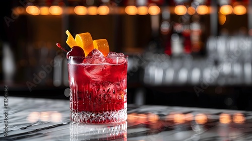 A vivid Negroni cocktail garnished with orange zest and cherries, displayed on a pristine marble bar with dim, exclusive bar lighting