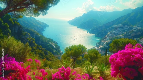 An aerial view of the village and sea view in Ravello on the Amalfi coast of Italy.