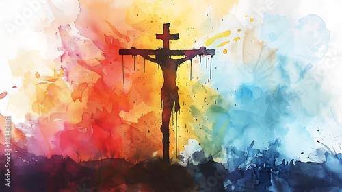 Crucifixion of Jesus, watercolour illustration, Jesus Christ on a cross