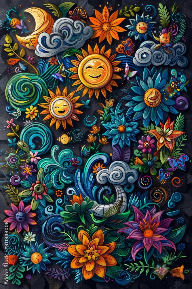 A colorful painting of flowers and sun with a smiley face, AI