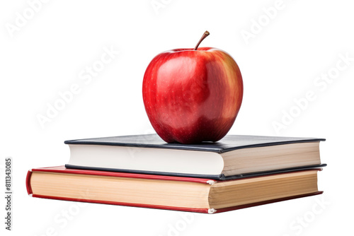 A red apple sits on top of two books. The apple is the center of attention and the books are stacked on top of each other. Concept of balance and harmony, as the apple