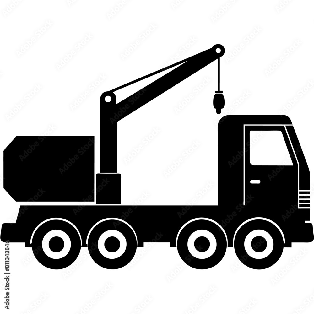 a mobile crane truck vector art silhouette, black color illustration on a white background.