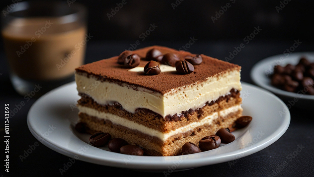 Baileys tiramisu served on dark moody table with coffee beans decoration Baileys tiramisu served on dark moody table with coffee beans decoration