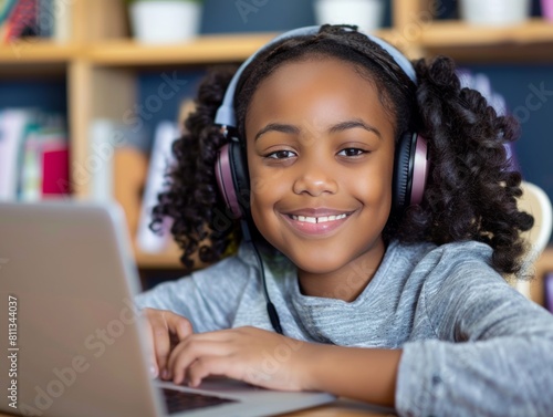 Happy Schoolkid Studying Online Using Laptop Wearing Headphones photo