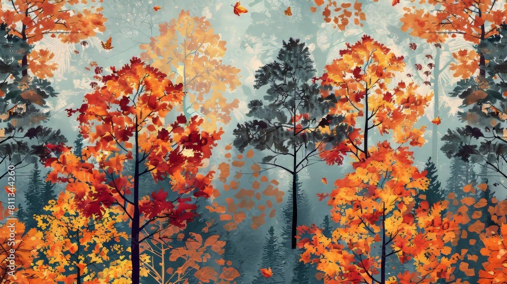 Beautiful autumn landscape pattern textile background ideal for home decor and diy projects Beautiful autumn landscape pattern textile background ideal for home decor and diy projects