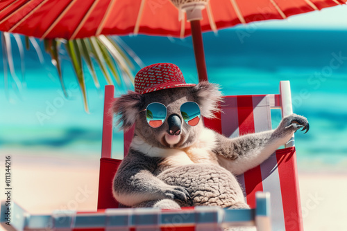 Cute koala in sunglasses and hat, relaxing on a chaise lounge under an umbrella against a backdrop of bright blue sea and palm trees. Travel and relaxation concept. photo