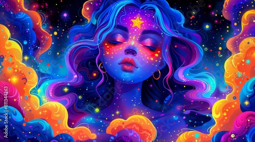 A woman with colorful hair and stars in her eyes  AI