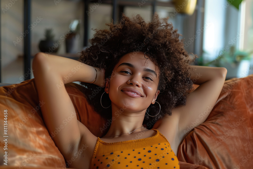 Relaxed serene beautiful young woman feeling tired relaxing on comfortable sofa. Relaxed serene beautiful young woman feeling tired relaxing on comfortable sofa.