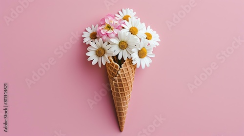 This image shows a pink background with a waffle cone in the center. The cone is filled with white and pink daisies.