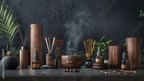 An array of high-end diffusers and air fresheners with rich wood accents, placed against a lush, dark backdrop with incense smoke wafting up gently