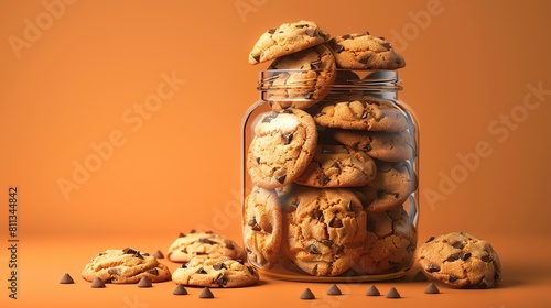 A close-up image of a glass jar filled with chocolate chip cookies.