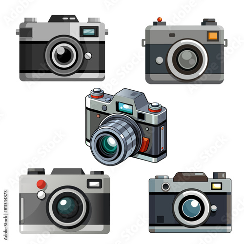 Set of film retro photo camera. Modern digital device with lens in vintage style