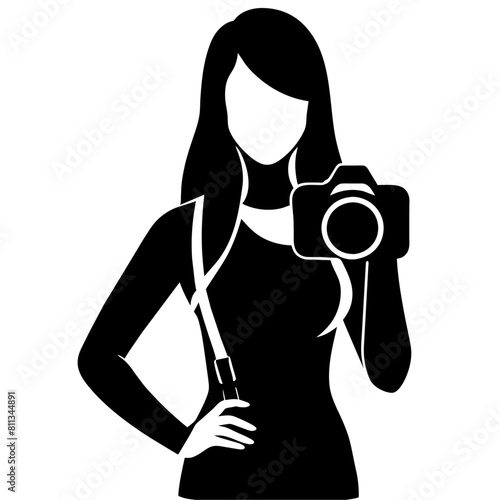 Cuadro en lienzo Girl photographer, vector silhouette, black color silhouette, white background (