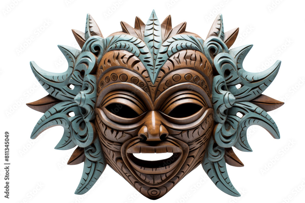 Naklejka premium A mask with a smiling face and a blue and brown design. The mask is made of wood and has a feathery look to it