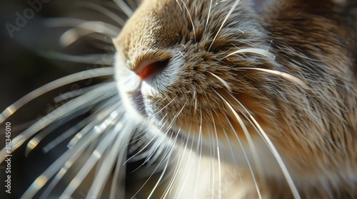A close-up of a rabbit's nose and whiskers. The rabbit's fur is brown and white, and its nose is pink. photo