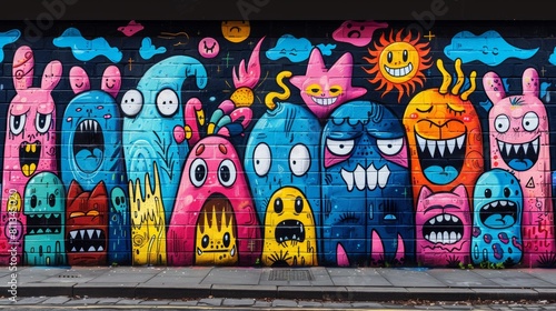 A colorful mural of monsters on a wall next to the street  AI