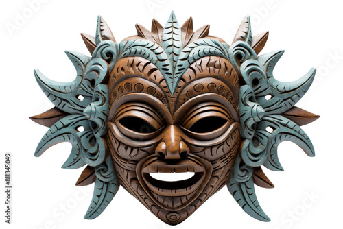 A mask with a smiling face and a blue and brown design. The mask is made of wood and has a feathery look to it