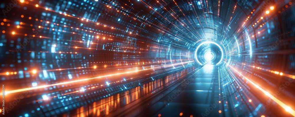 Abstract digital tunnel with blue and orange glowing particles, motion blur. Abstract digital tunnel with blue and orange glowing particles, motion blur.