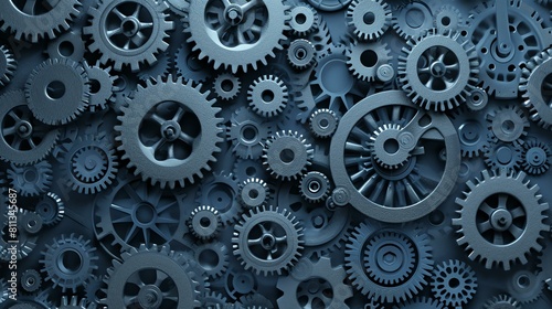 3D rendering of a complex system of interlocking gears. The gears are made of metal and have a blue tint. The background is dark blue. photo