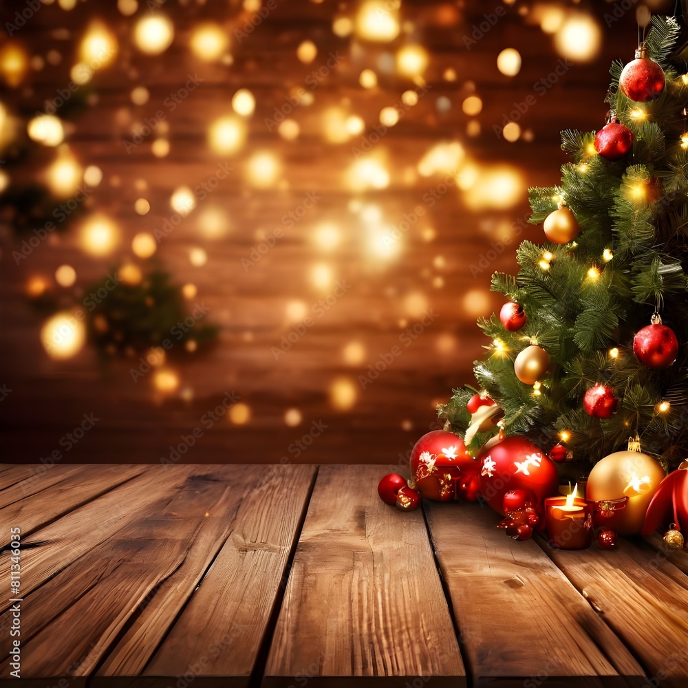 Mockup of festive wooden table background with outdoor christmas tree lights and Copy space, Graphic Resources, Ai Generative Illustrative, Mockup of festive wooden table background with outdoor christmas tree lights and Copy space, Graphic Resources, Ai Generative Illustrative,
