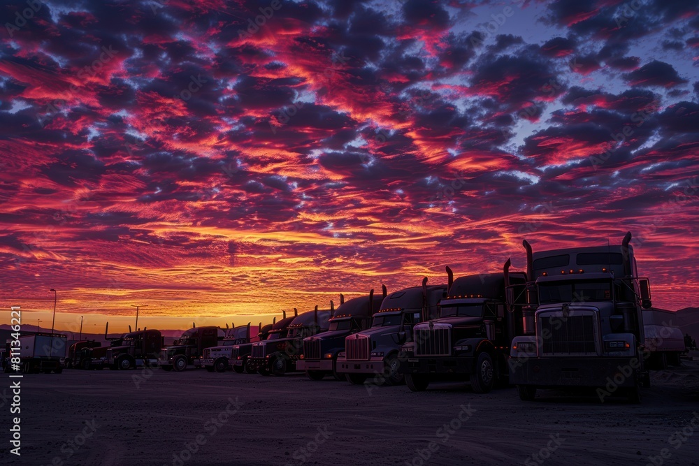 A group of semi trucks are parked in a lot A group of semi trucks are parked in a lot
