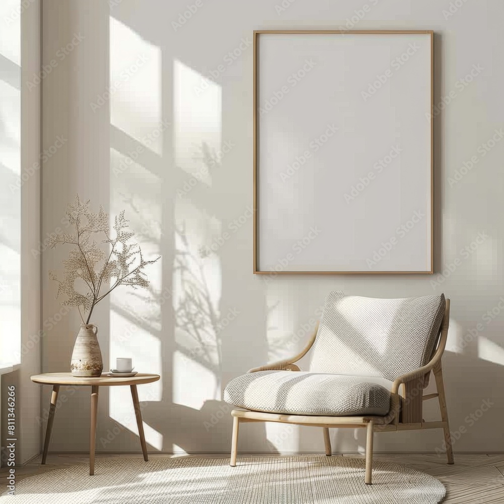 A mockup of an empty frame on the wall in front of an armchair and a window ,Scandinavian interior design. A mockup of an empty frame on the wall in front of an armchair and a window ,Scandinavian interior design.