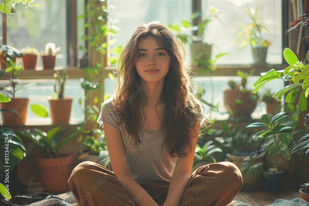 A young woman sits cross-legged amidst numerous potted plants, her gaze gentle and inviting