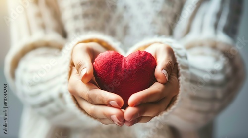 A woman in a white sweater is holding a red heart-shaped pillow in the palm of her hands. The background is soft and out of focus.