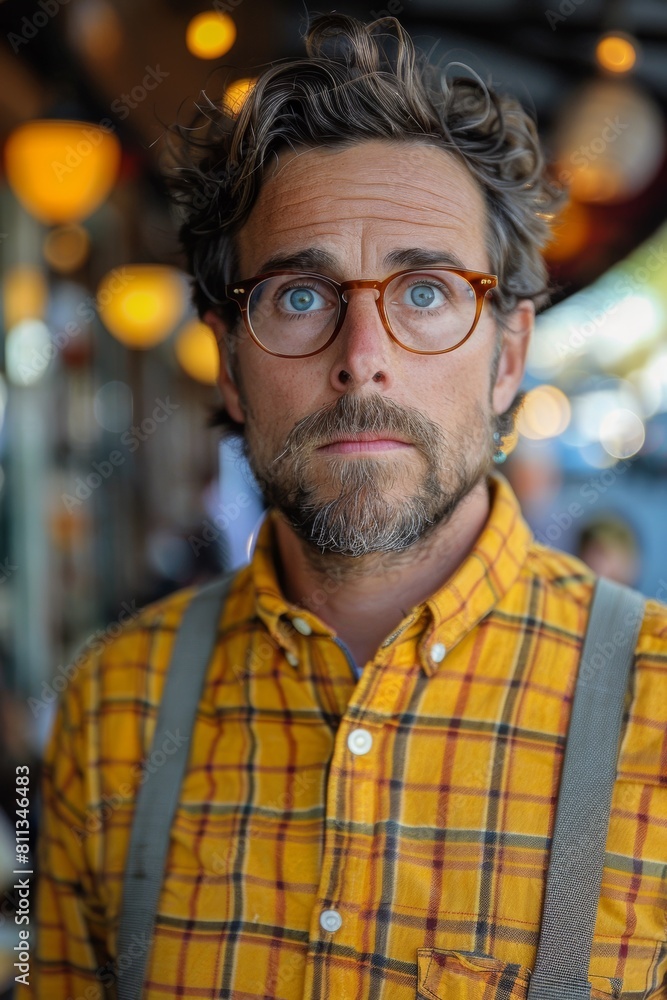 A man with glasses and suspenders standing in a restaurant, AI A man with glasses and suspenders standing in a restaurant, AI