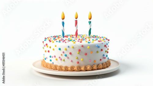 3D rendering of a delicious birthday cake with three candles on top. The cake is decorated with colorful sprinkles and icing.