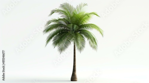 This is a 3D rendering of a beautiful palm tree. It is a tall  slender tree with a single trunk and a crown of long  green leaves.