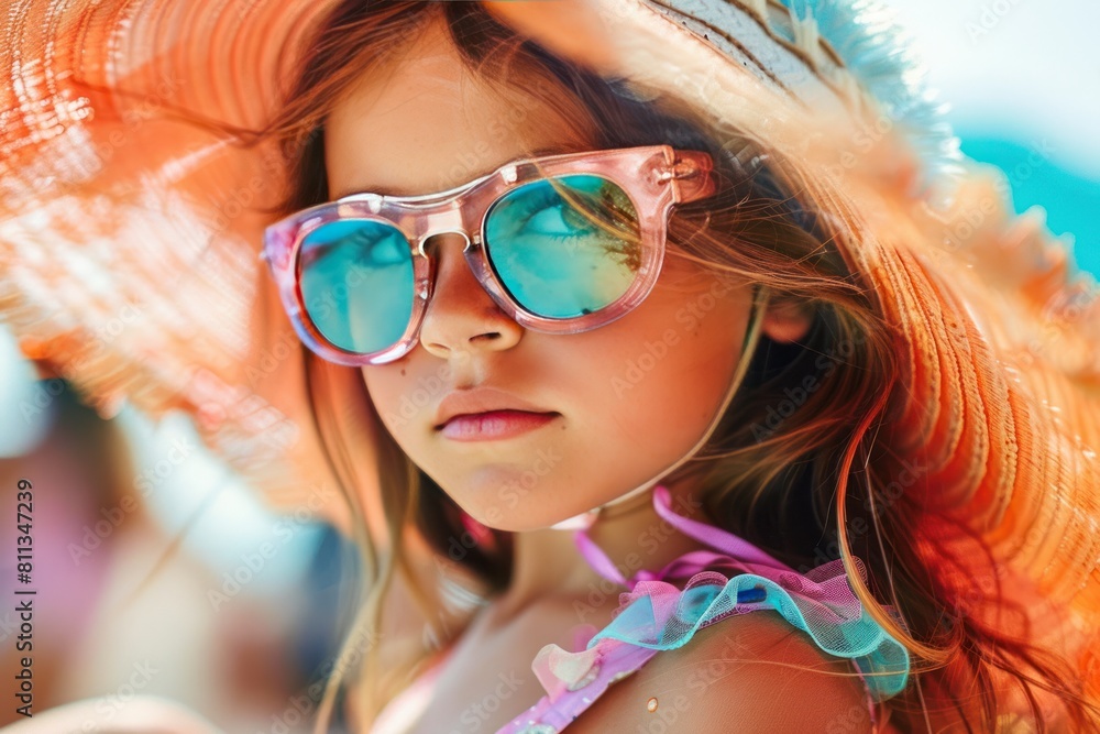 A young girl wearing a pink and orange hat and sunglasses