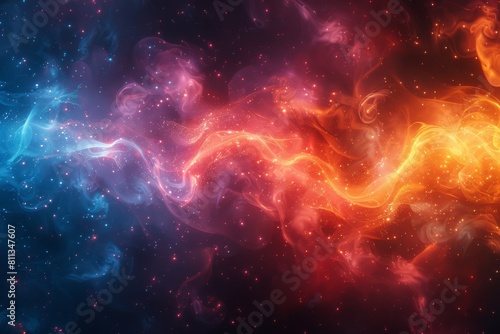 The image captures a dynamic display of vivid colors resembling cosmic clouds, hinting at the vastness of the universe