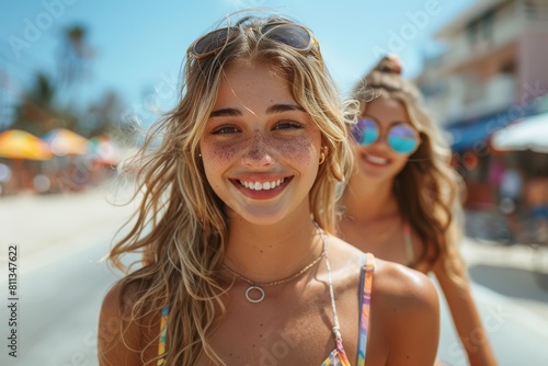 Two young women with sunny smiles enjoying the vibrant beach environment © Larisa AI