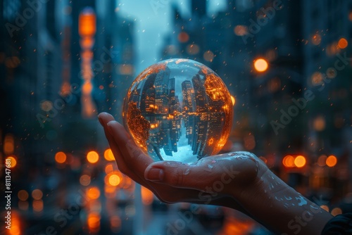 A mesmerizing image of a cityscape encapsulated within a glass orb held in a hand  evoking feelings of control and creativity