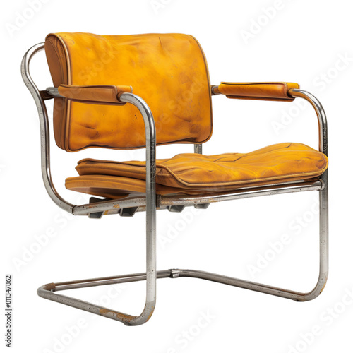 Vintage Orange Velvet Tubular Steel Chair on Transparent Background. Studio product photography for design and print