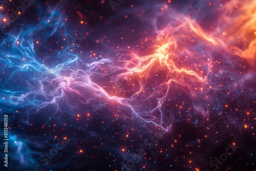 Cosmic-like representation of energy flow with glowing particles and neon colors  suggesting connectivity and dynamism