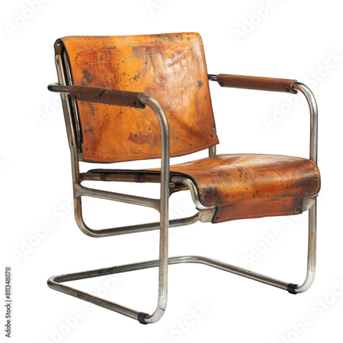 Vintage Orange Leather Tubular Steel Chair on Transparent Background. Studio product photography for design and print