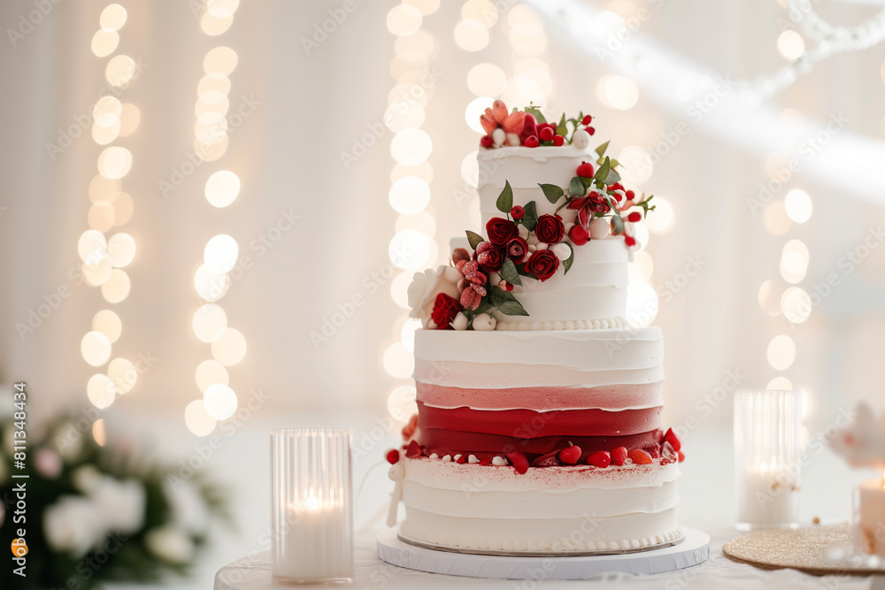 Fototapeta premium Tall exquisite, elegant handmade white cake with red roses on a holiday table. Copy space.