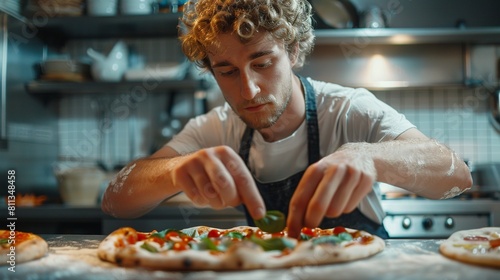 a pizza baker puts the toppings on a pizza. photo