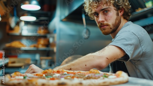 a pizza baker puts the toppings on a pizza. photo
