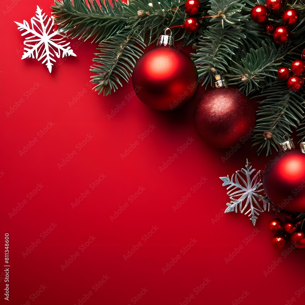 Red Christmas Baubles and Silver Snowflakes on Red Background, Placed in the Left Corner Christmas Festivity For Any Product Advertisement with copy space for text. Red Christmas Baubles and Silver Snowflakes on Red Background, Placed in the Left Corner Christmas Festivity For Any Product Advertisement with copy space for text.