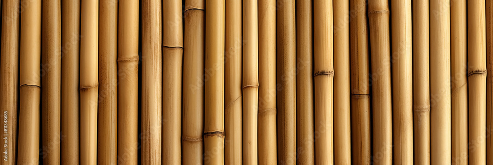 Naklejka premium Beige bamboo stalks wall, decorative, natural background, vertical fence, banner with texture pattern