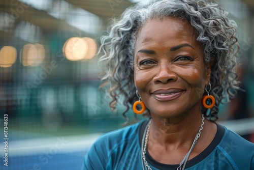 Attractive mature woman with earrings, gray curls, and a vibrant smile photo