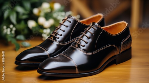 Black Shoes on Wooden Table