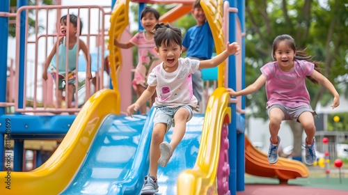 Children playing tag and sliding down pastel-colored playground equipment.