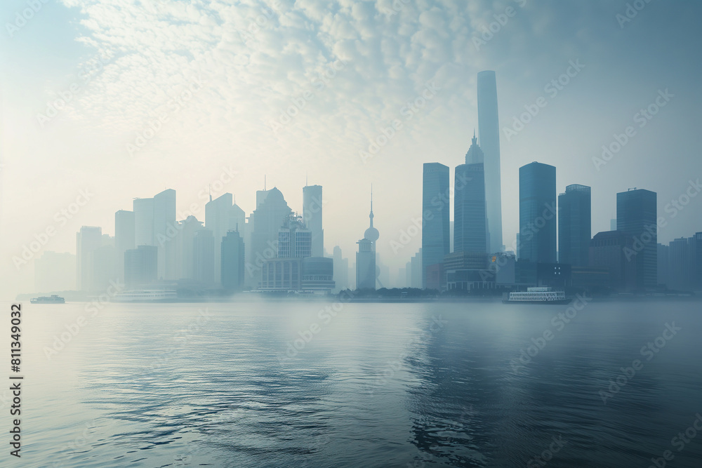 Silhouettes of tall buildings of a large city in a gray haze of gassiness from industrial emissions into the atmosphere. Concept of air protection and ecology. Silhouettes of tall buildings of a large city in a gray haze of gassiness from industrial emissions into the atmosphere. Concept of air protection and ecology.