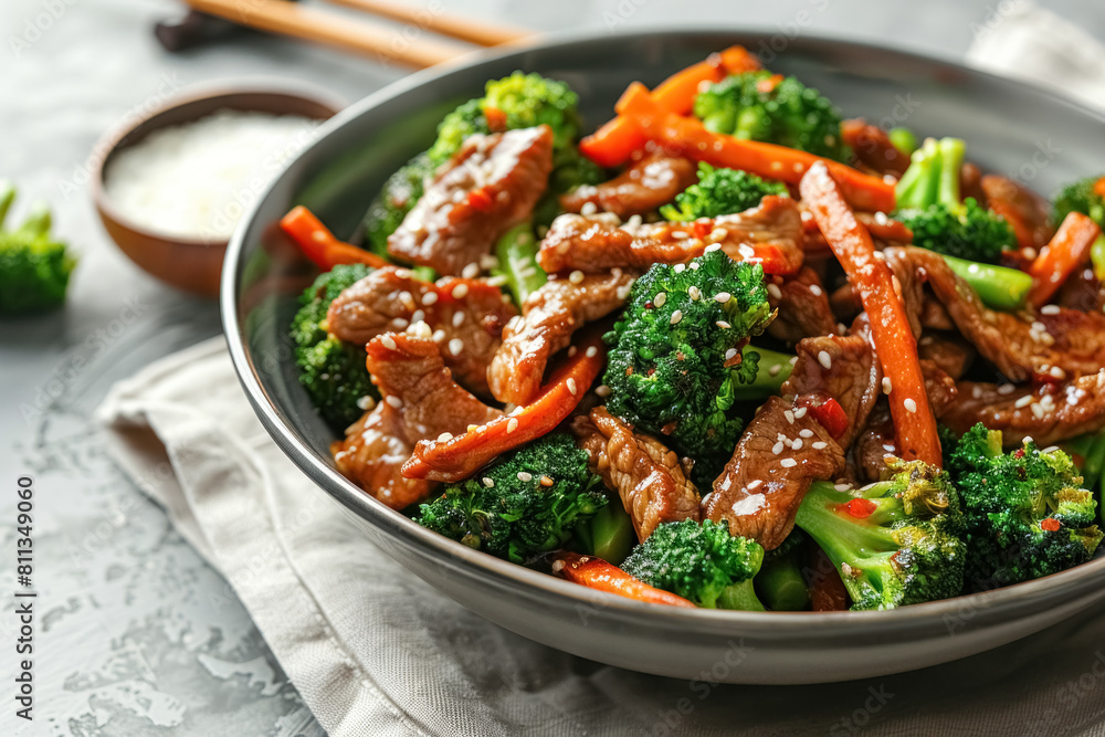 Close up of dish with broccoli, carrot and beef stir fry in bowl with chopsticks and napkin on grey concrete background, delicious asian cuisine Close up of dish with broccoli, carrot and beef stir fry in bowl with chopsticks and napkin on grey concrete background, delicious asian cuisine