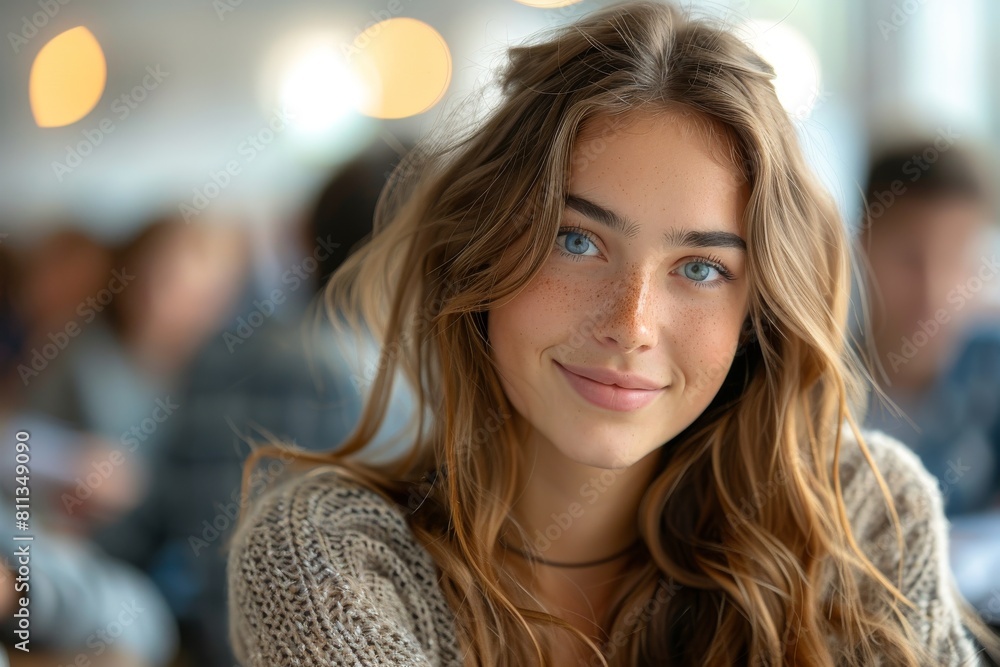 Fototapeta premium Portrait of a young woman with freckles and blue eyes smiling gently towards the camera