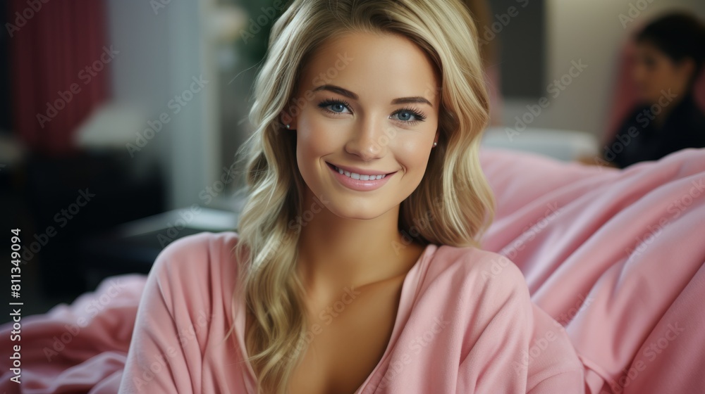 Woman in White Robe Sitting on Bed Woman in White Robe Sitting on Bed
